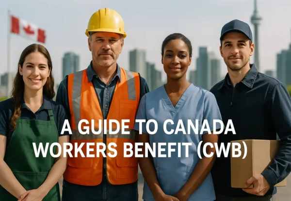 Group of diverse Canadian workers standing together outdoors with city skyline and Canadian flag in the background – representing the Canada Workers Benefit (CWB) program.