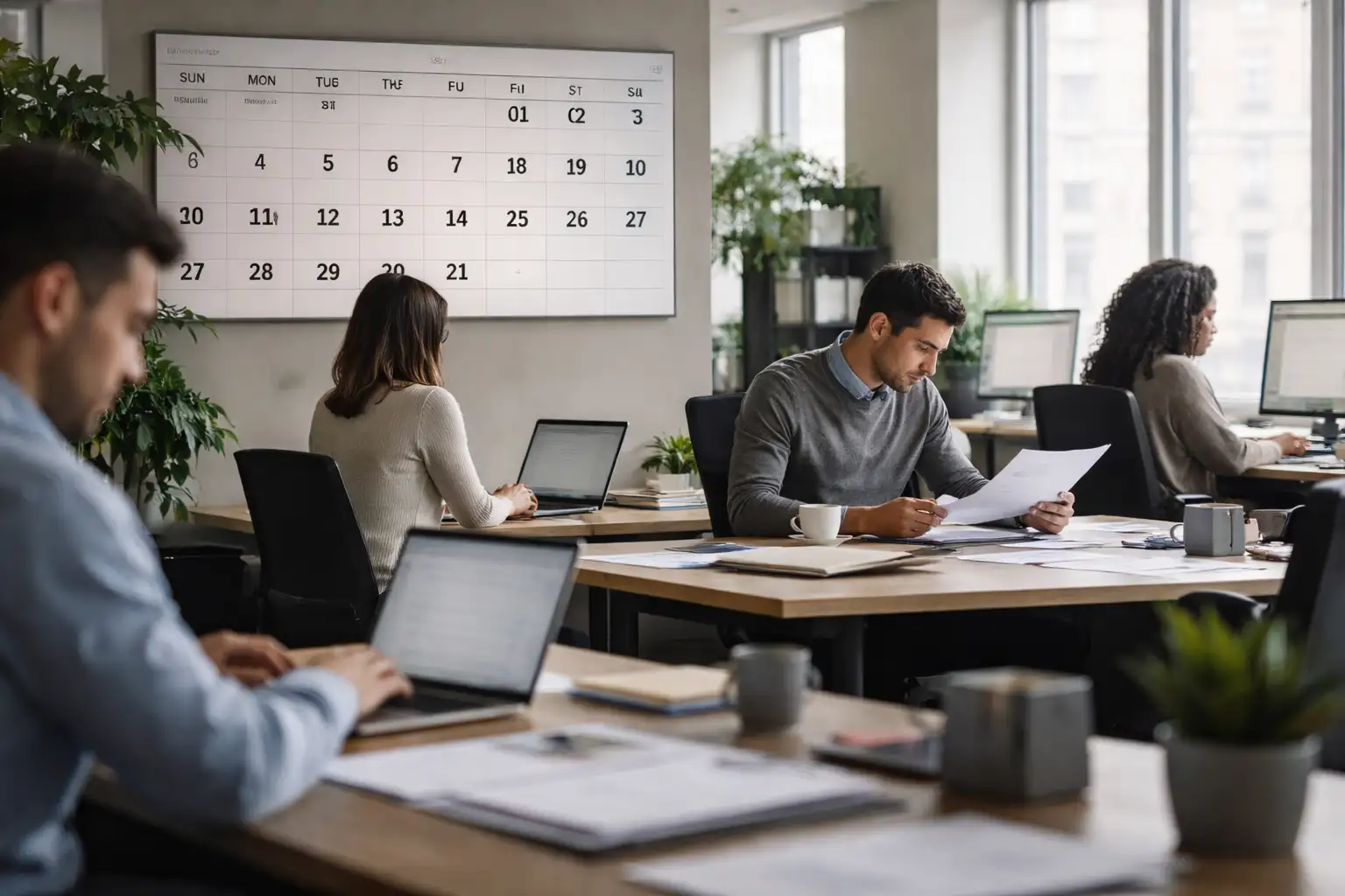 Professionals in an office with a calendar tracking Express Entry draw dates for the Canadian Experience Class.