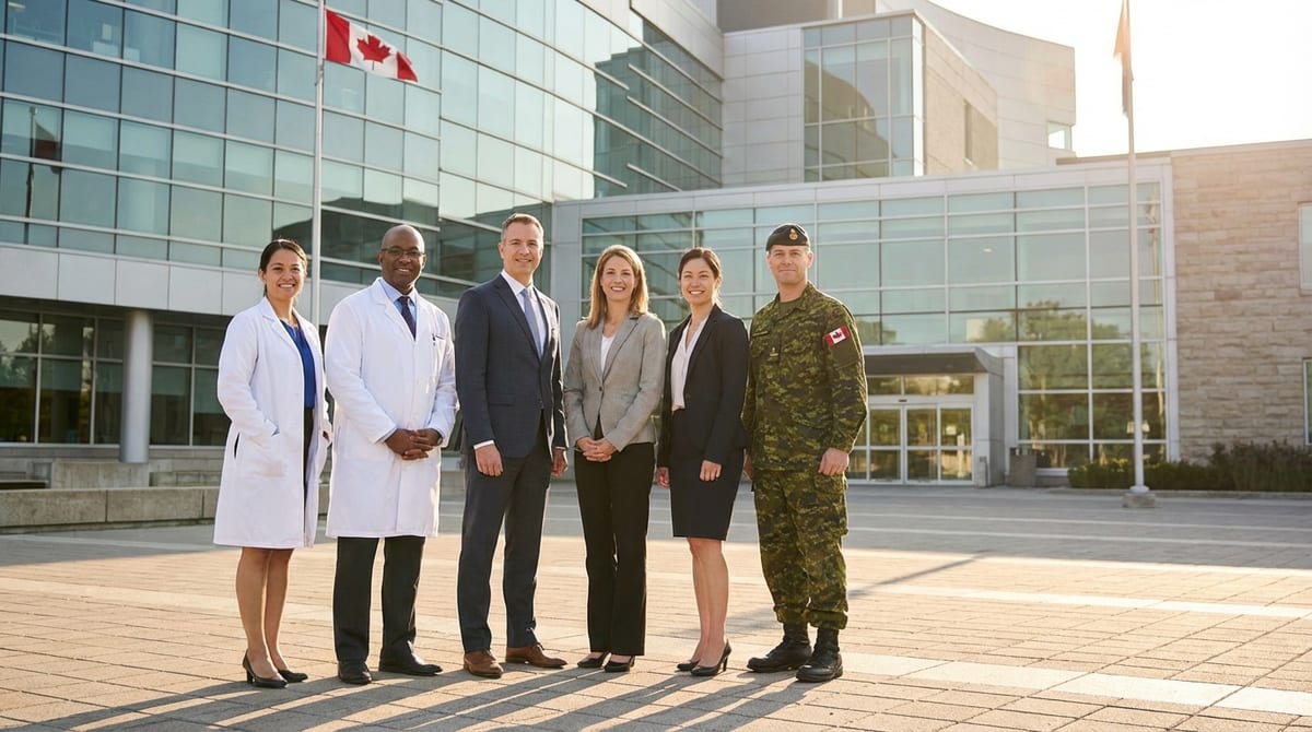 Researchers and military personnel in front of a Canadian building, representing prioritized Express Entry pathways.