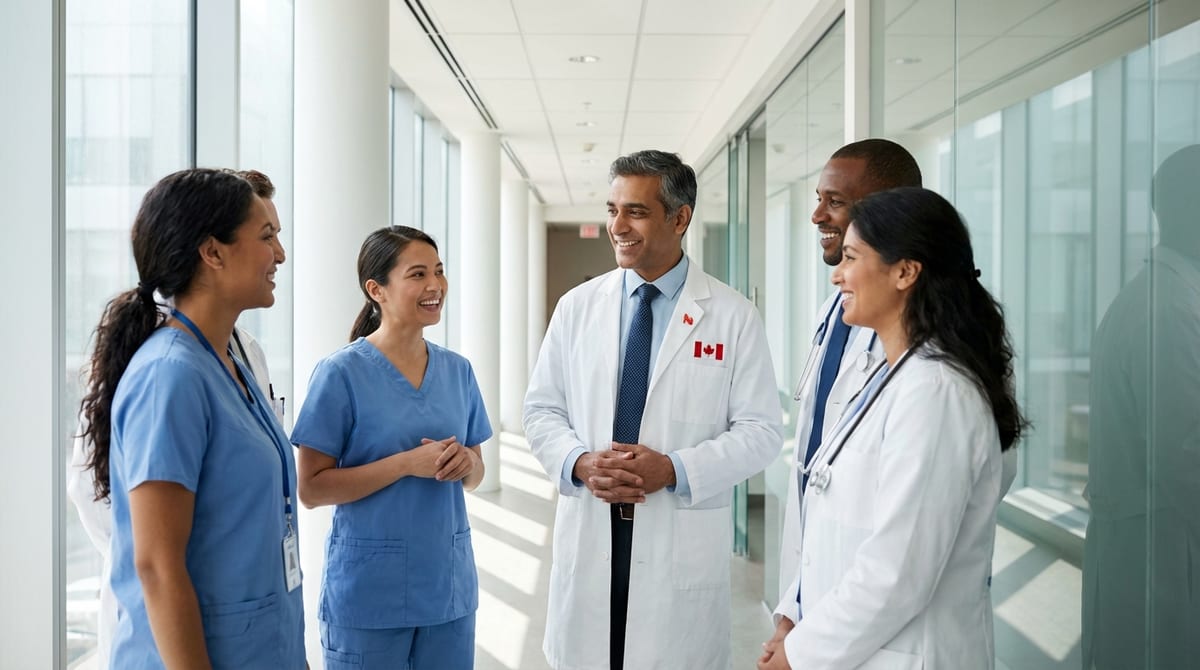 Diverse healthcare workers in a hospital hallway, representing the IRCC Healthcare Express Entry draw for Canada.