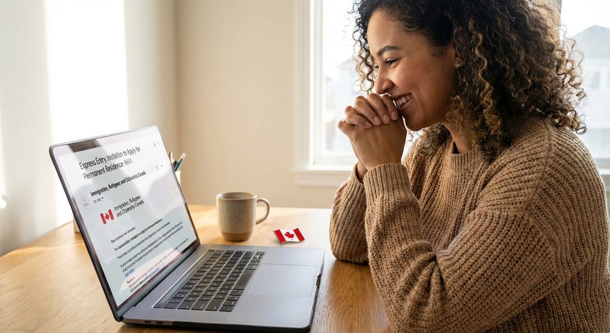 a person smiling at their laptop after receiving a 1774988682370