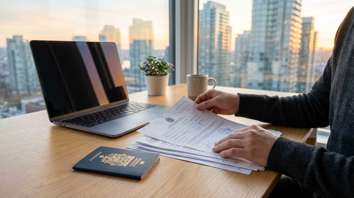 hands organizing documents and a canadian passport 1773784459195